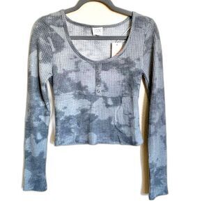 Cozie Pink Rose Grey top Tie-Dye Waffle Knit Long Sleeve Crop blouse size M boho